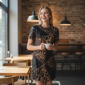 Vintage Black Silk Animal Patterned Dress with Black and Gold Sequins | Tag Size